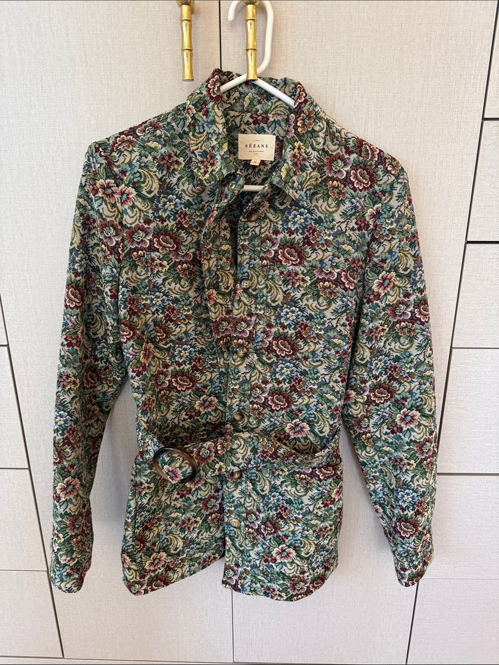 Sezane Brocade Floral Jacket in Green, Burgundy and Cream - Picture 2 of 3